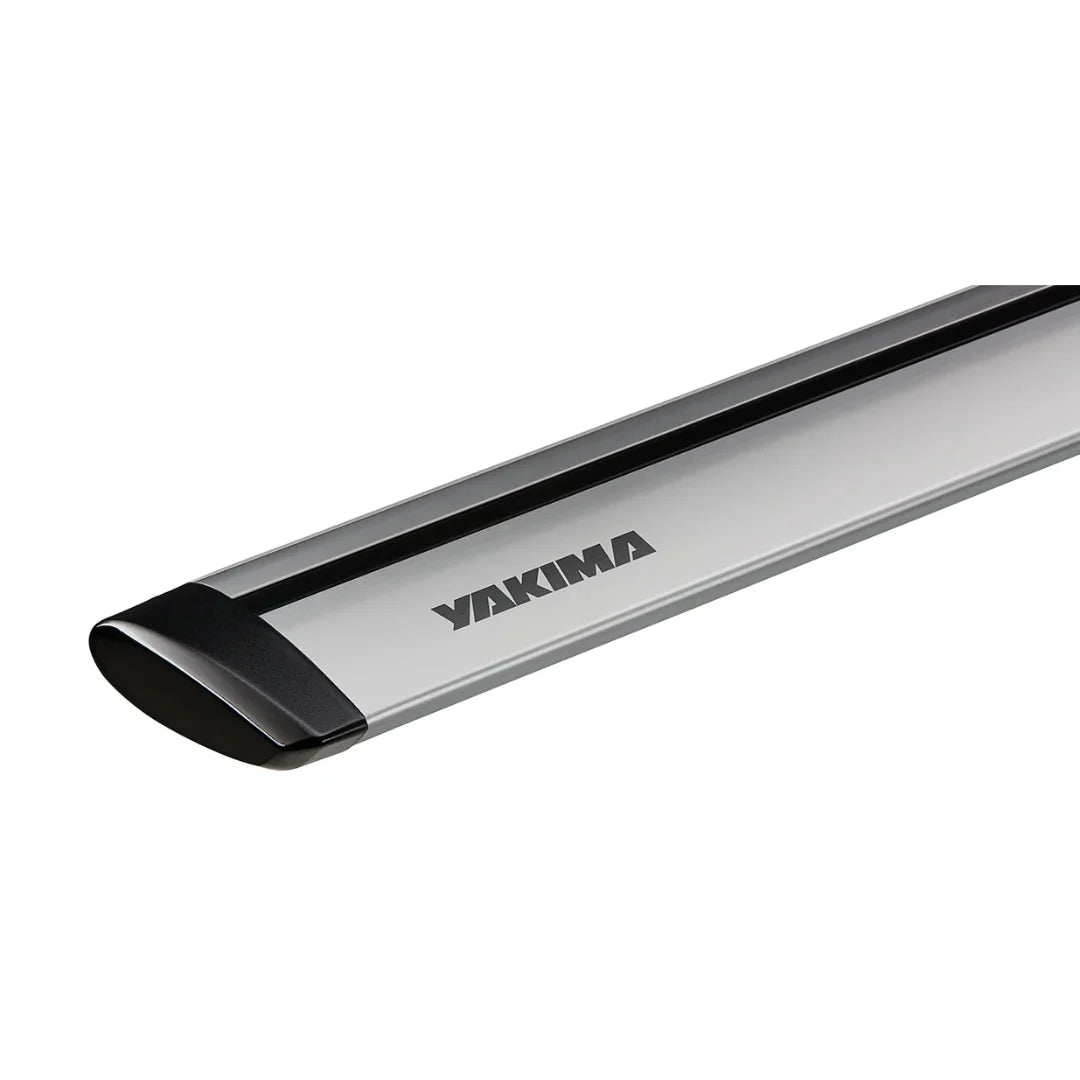 silver Yakima roof rack bar on a white background