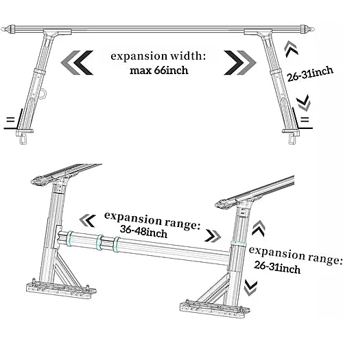 Technical diagram showing adjustable truck bed rack dimensions (width and height range)