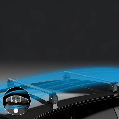 AetherBars AO aerodynamic roof rack crossbars illustrating reduced wind noise and smooth airflow over vehicle roof