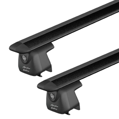 Pair of AetherBars AO flush rail roof rack crossbars showing aerodynamic bars and lockable mounting feet.