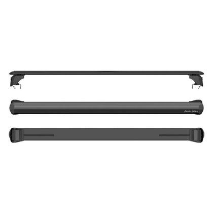 AetherBars AO flush rail roof rack crossbar shown in top, side, and bottom views, highlighting the aerodynamic low-profile bar design.