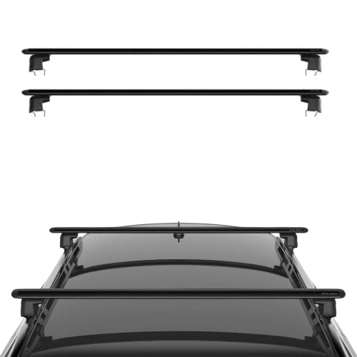 Raised rail roof rack crossbars installed front and rear on vehicle roof for balanced load support
