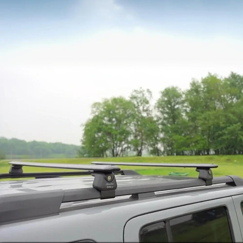 Low-noise AetherBars raised rail roof rack crossbars for travel overlanding and hauling outdoor gear