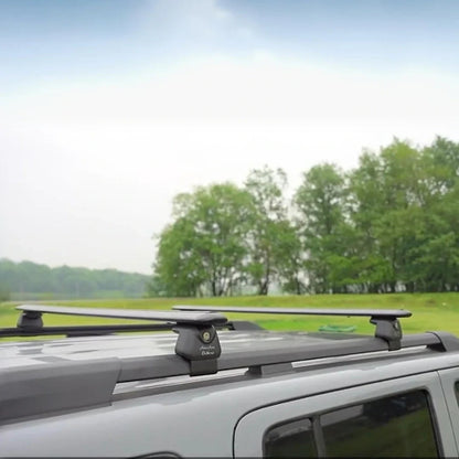 Low-noise AetherBars raised rail roof rack crossbars for travel overlanding and hauling outdoor gear