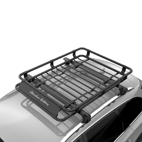 Alloy AO Large roof basket mounted on SUV crossbars for rooftop cargo storage with wrap-around fairing