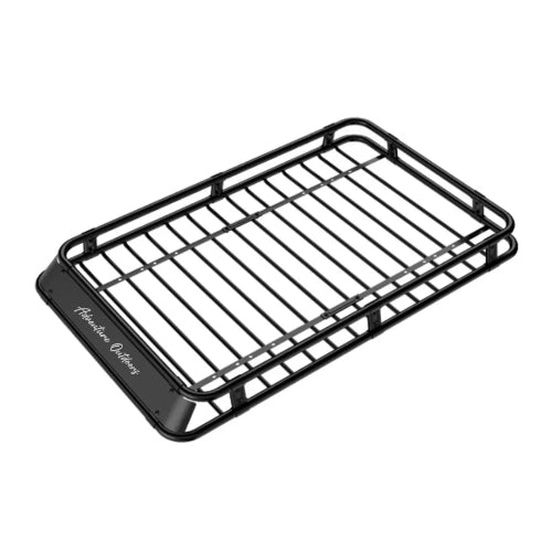 Alloy AO Large roof cargo basket (63.1 in) angled view showing full-width steel basket design and wrap-around wind fairing