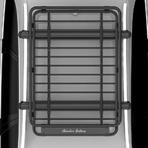 Top view of Alloy AO Large roof cargo basket installed on crossbars showing wide cargo platform and bar spacing