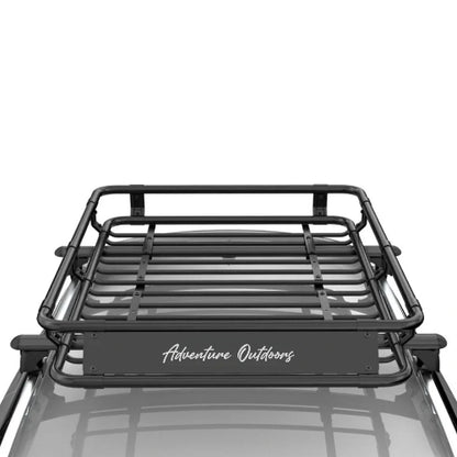 Front view of Alloy AO Large roof rack basket showing full-width wind fairing and reinforced rooftop cargo basket frame