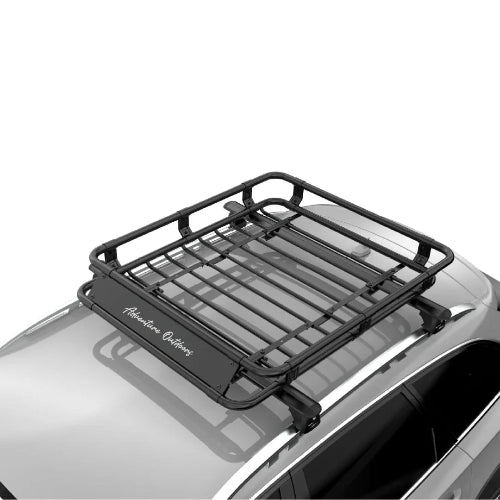 Alloy AO Medium roof basket mounted on SUV crossbars angled view showing low-profile basket and wind fairing