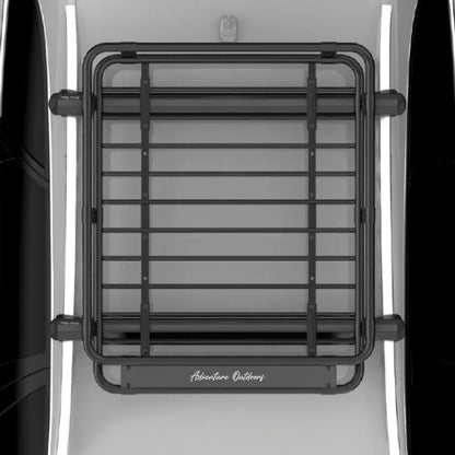 Top-down view of Alloy AO Medium roof cargo basket showing medium-size footprint and crossbar mounting positions