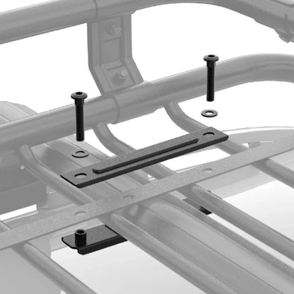 Alloy AO narrow roof basket mounting hardware detail showing crossbar clamp plates, bolts, and washers for roof rack installation