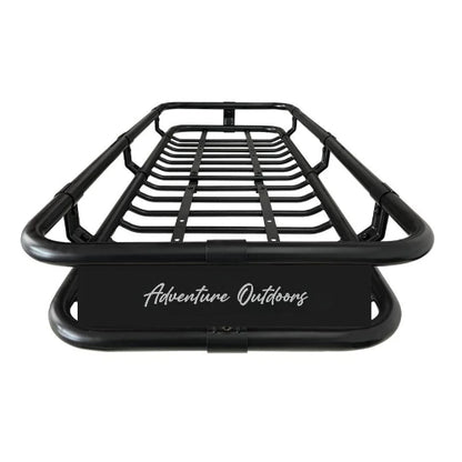 Alloy AO narrow roof cargo basket front view showing slim-profile alloy steel rooftop cargo carrier with wind fairing