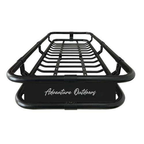 Alloy AO narrow roof cargo basket front view showing slim-profile alloy steel rooftop cargo carrier with wind fairing