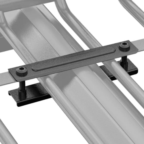 Close-up of Alloy AO narrow skinny roof basket mounting plate secured to roof rack crossbars with clamp hardware