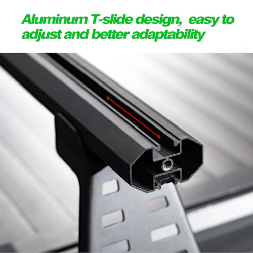 Close-up of aluminum T-slot truck bed rack for adjustable mounting