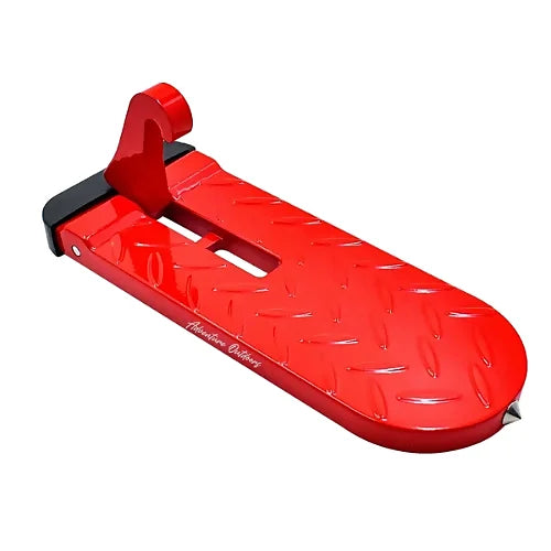 AO 2.0 red door step folded with visible hook for latch attachment