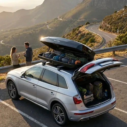AO Everest roof cargo box open and loaded with travel gear on a silver SUV in the mountains