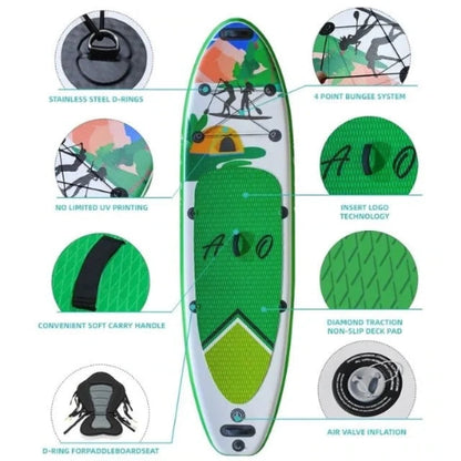 AO Kelp inflatable paddleboard features diagram showing D rings bungee cargo area carry handle traction pad and air valve