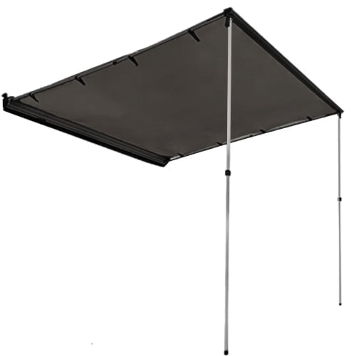 AO rooftop awning with LED lights fully deployed, showing waterproof fabric and aluminum alloy frame for vehicle camping shade