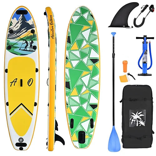AO Sunny inflatable stand up paddleboard kit with paddle, pump, fin, leash, and backpack
