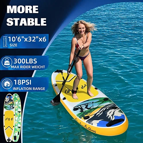 AO Sunny stand up paddleboard on water showing wide stable platform 10 foot 6 inch length 32 inch width and 300 pound rider capacity