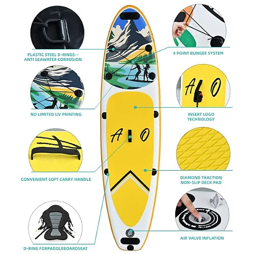AO Sunny SUP feature diagram showing D rings, bungee storage, carry handle, traction pad, and air valve