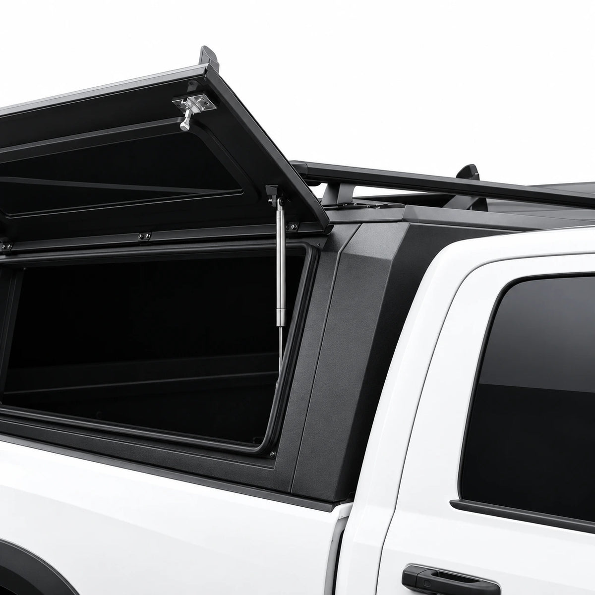 atlas expedition truck cap with open side door and roof racks on top