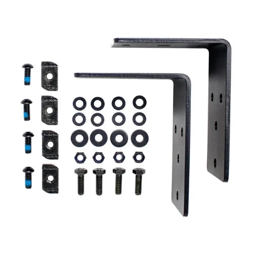 Awning T-slot bracket hardware kit with adjustable steel mounting brackets, bolts, washers, and t-slot nuts for roof rack installation