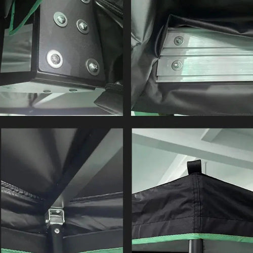 Close-up details of BatShade AO 270° awning showing aluminum frame joints, fabric stitching, and reinforced construction