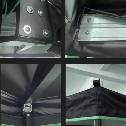 Close-up details of BatShade AO 270° awning showing aluminum frame joints, fabric stitching, and reinforced construction