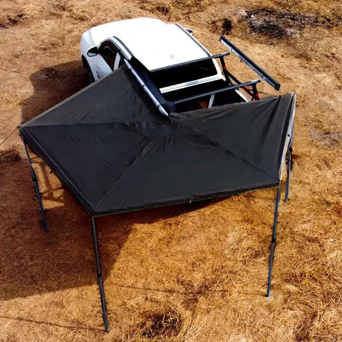 BatShade AO 270-degree batwing rooftop awning installed on roof rack for overlanding shade