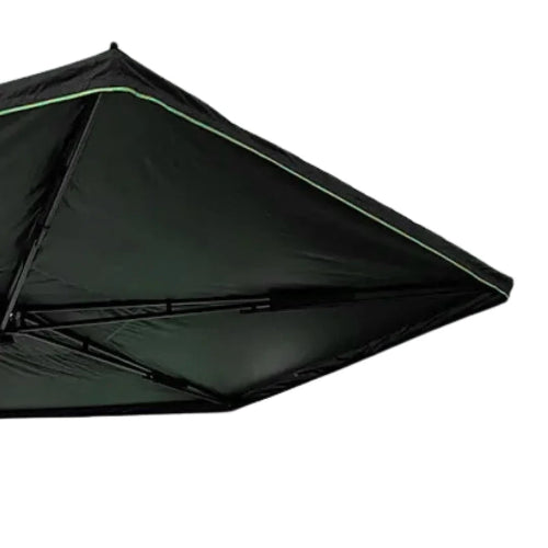 Underside view of BatShade AO 270° LED rooftop awning showing batwing canopy fabric and internal support structure