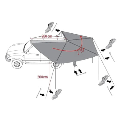 Diagram showing BatShade AO 270° rooftop awning coverage and left-side mounting orientation
