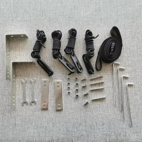 BatShade AO LED rooftop awning mounting hardware kit including brackets, ropes, stakes, and accessories
