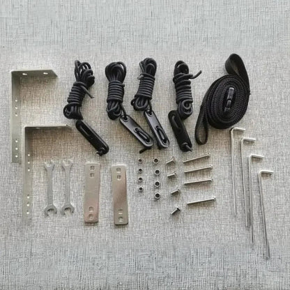 BatShade AO LED rooftop awning mounting hardware kit including brackets, ropes, stakes, and accessories