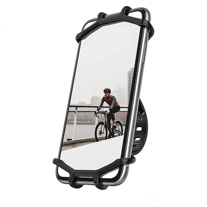 Phone secured in AO mount on bike handlebar, showing cyclist in background
