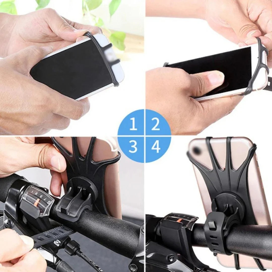 Hands demonstrating how to attach and adjust the AO bike phone mount