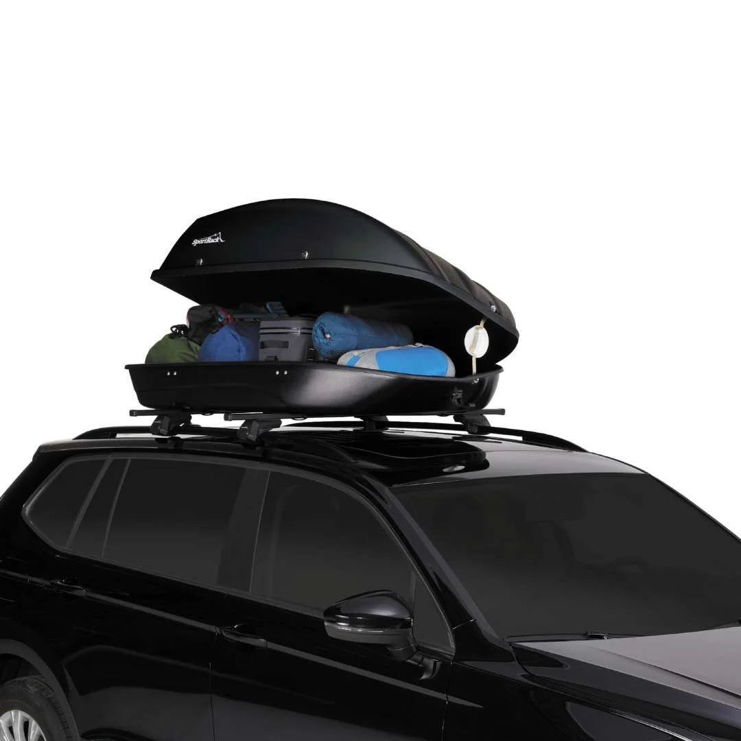 Skyline XL cargo box mounted on SUV, lid open with gear inside.