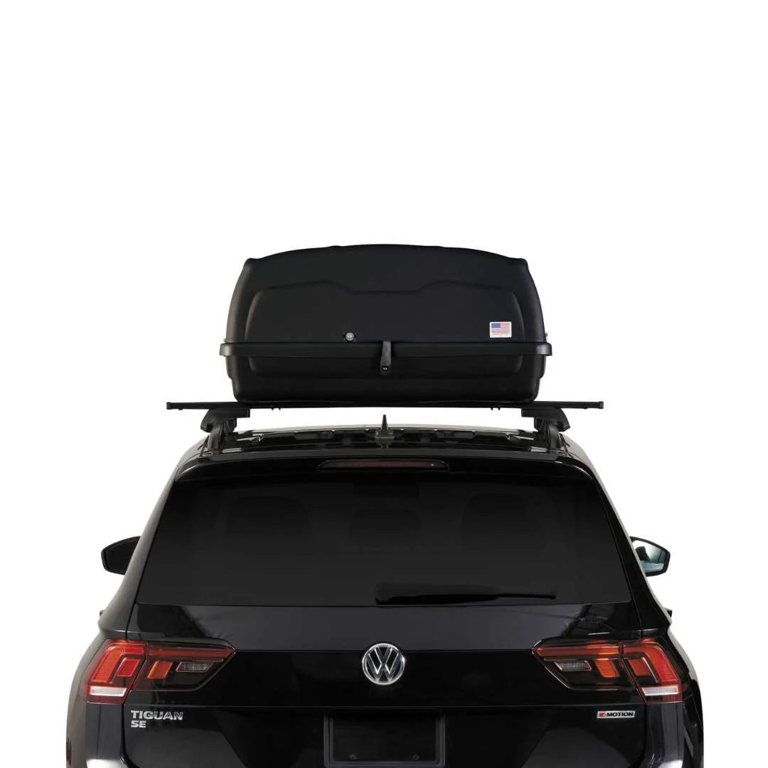 Skyline XL roof box on SUV, photographed from behind showing symmetrical design.
