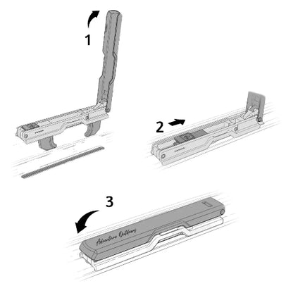Diagram illustrating Quick-Clamp tool-free installation process for Branch AO rooftop cargo box