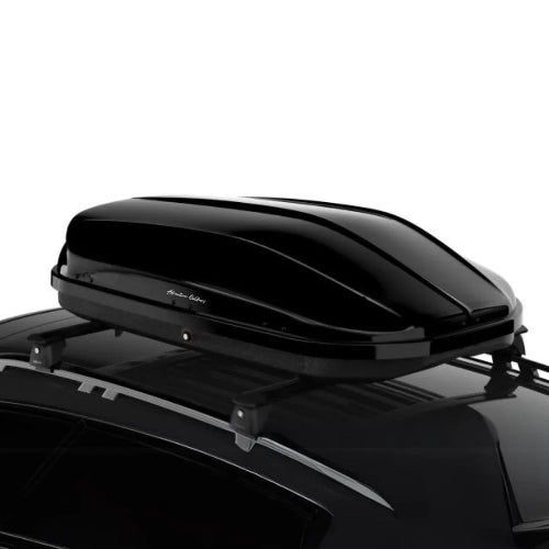 Branch AO rooftop cargo box installed on crossbars showing aerodynamic hard-shell roof box fitment on a compact SUV roof rack