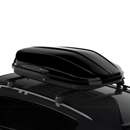 Branch AO rooftop cargo box installed on crossbars showing aerodynamic hard-shell roof box fitment on a compact SUV roof rack
