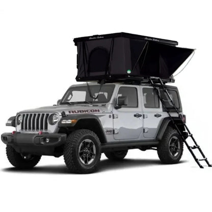 Adventure Outdoors 2025 Camp-In AO Rooftop Tent mounted on Jeep Rubicon with ladder extended