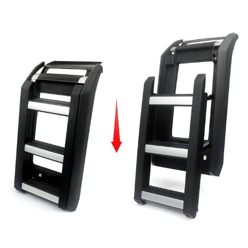 Collapsible truck side ladder shown in compact and extended positions