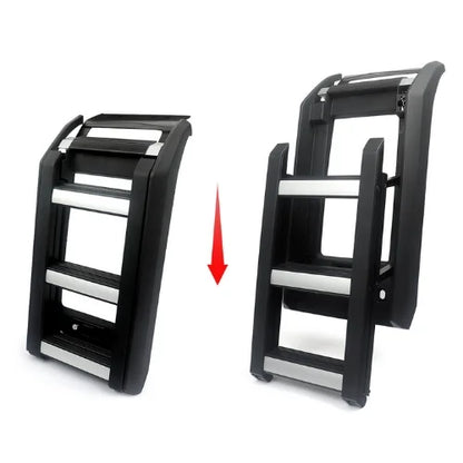 Collapsible truck side ladder shown in compact and extended positions