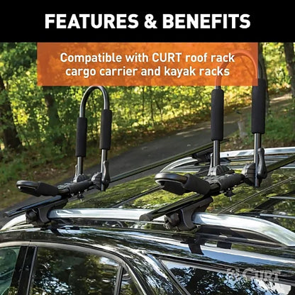 CURT universal raised rail roof rack crossbars supporting roof-mounted bike and kayak racks on SUV