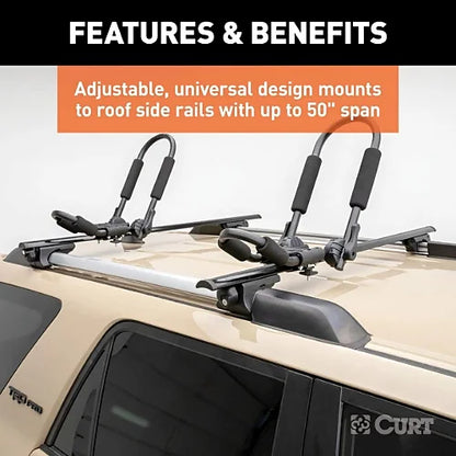 CURT universal raised rail roof rack crossbars supporting roof-mounted bike carriers on SUV