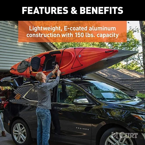 Vehicle transporting kayak using CURT universal raised rail roof rack crossbars with 150 lb load capacity