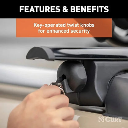 Close-up of CURT roof rack crossbar key-operated locking twist knob providing theft deterrence and secure mounting
