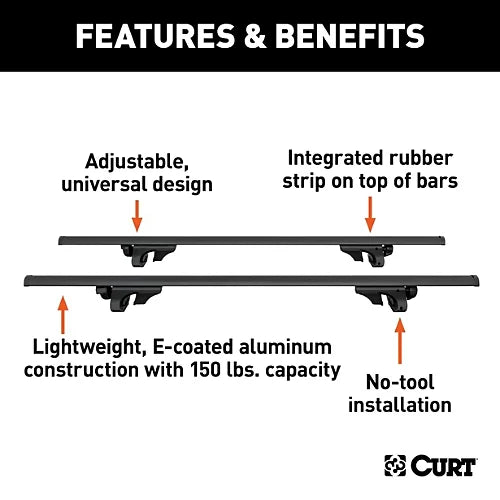 CURT universal raised rail roof rack crossbars highlighting aluminum construction, no-tool installation and integrated rubber strip